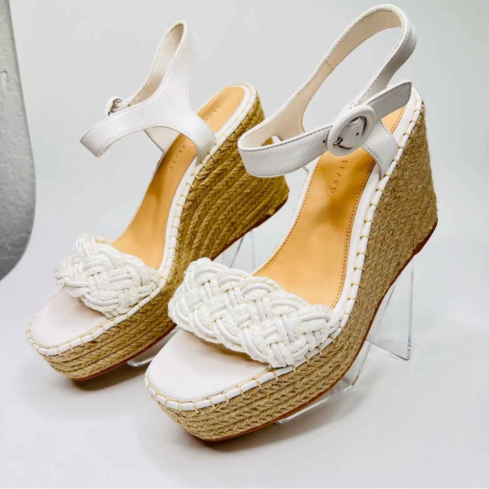 Veronica Beard Reema White Braided Ankle Strap Wedge Platform Espadrille Sandal